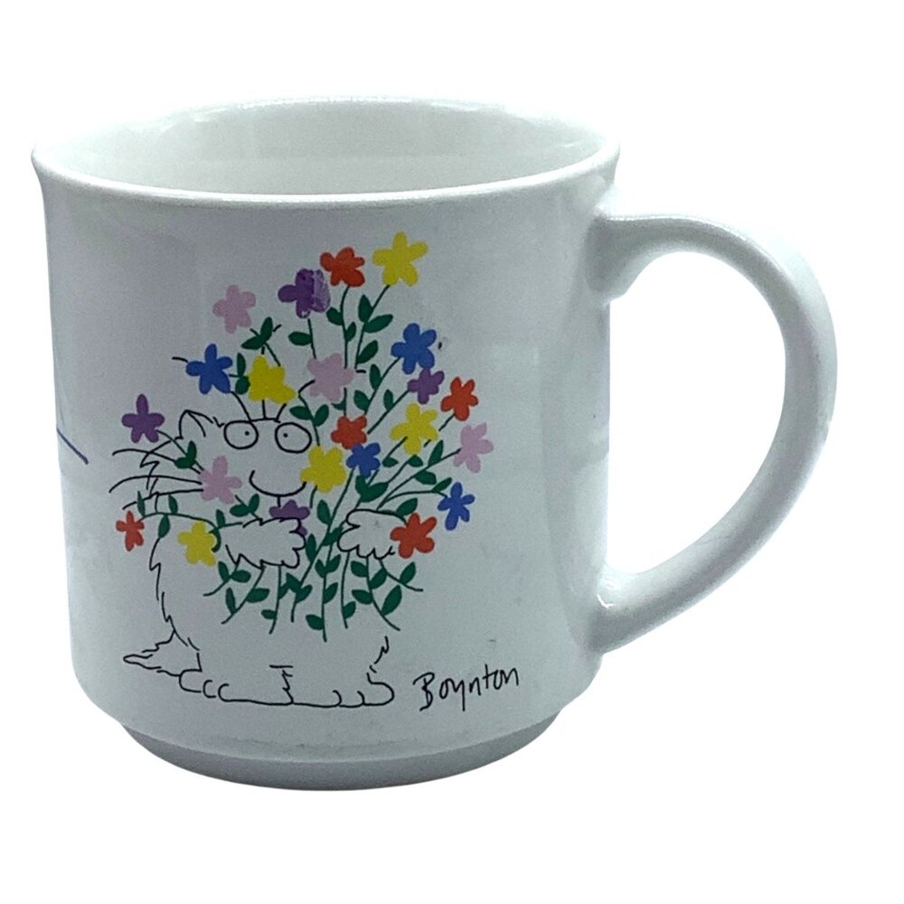 Vtg Boynton Whimsical‎ Floral Cat Ceramic Coffee Mug Inspirational Message